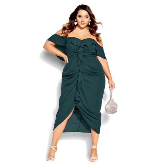 NWT CITY CHIC Emerald Green RUFFLE Off The Shoulder RUCHED Va Va Voom DRESS 14 - Picture 10 of 16